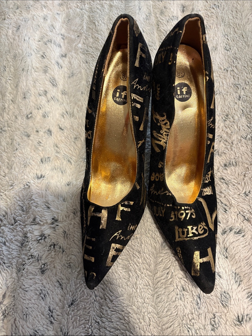 Zac Posen Black and Gold Script Pointed Toe Pumps
